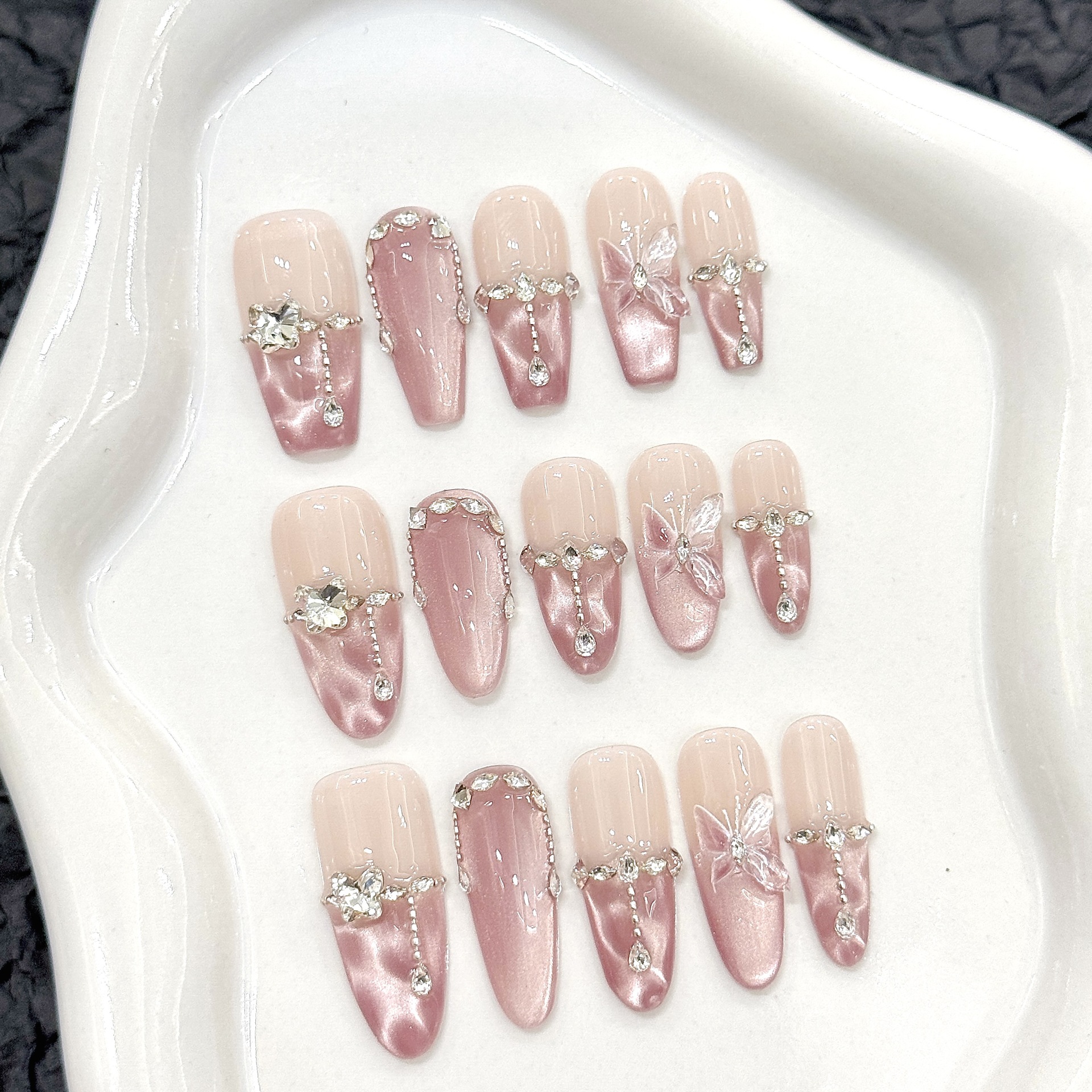 Nail Art Pink Cat Eye - 10pcs Handmade Press On Nails Crystal