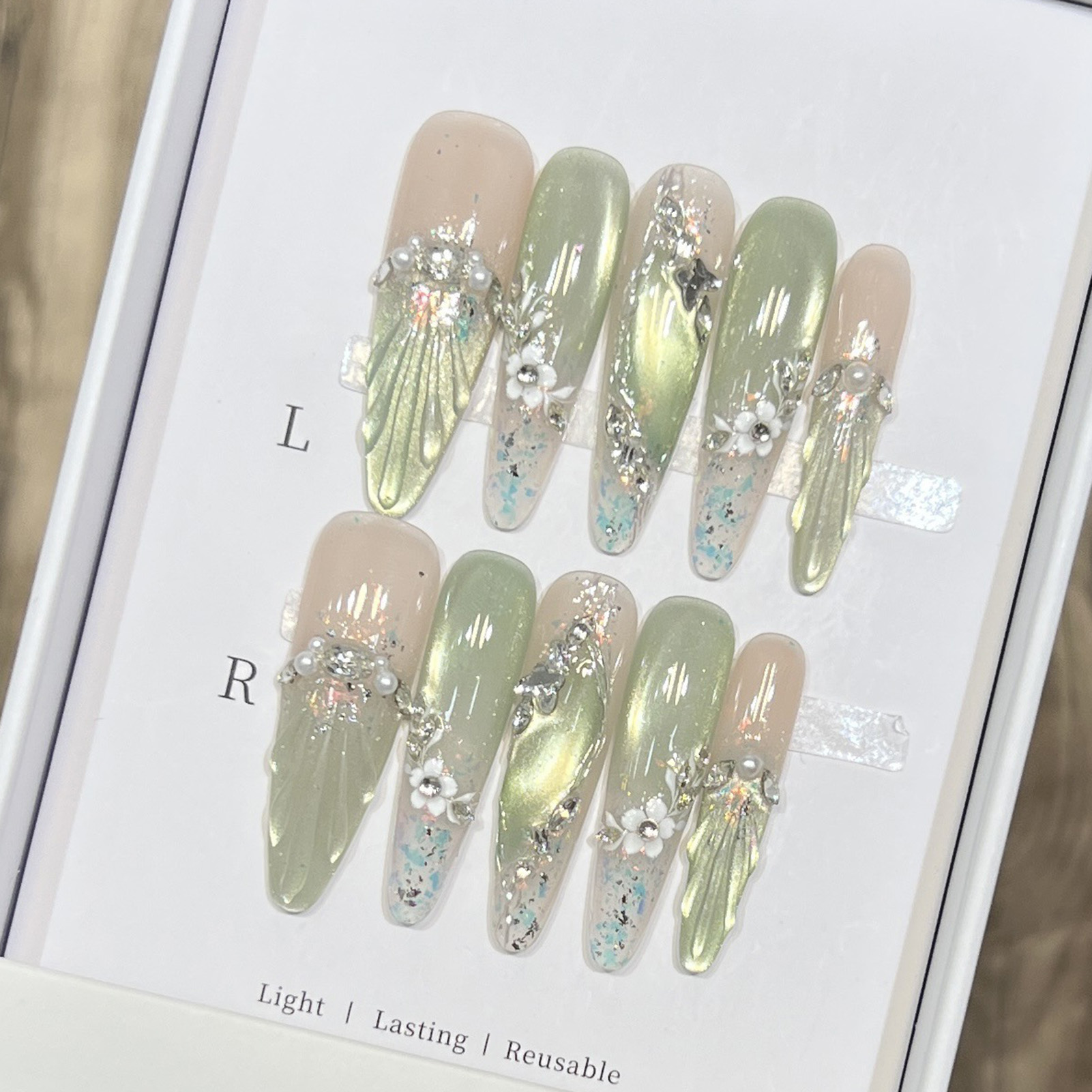 Nail Art Flower - 10pcs Long Almond Fake Nails Tips