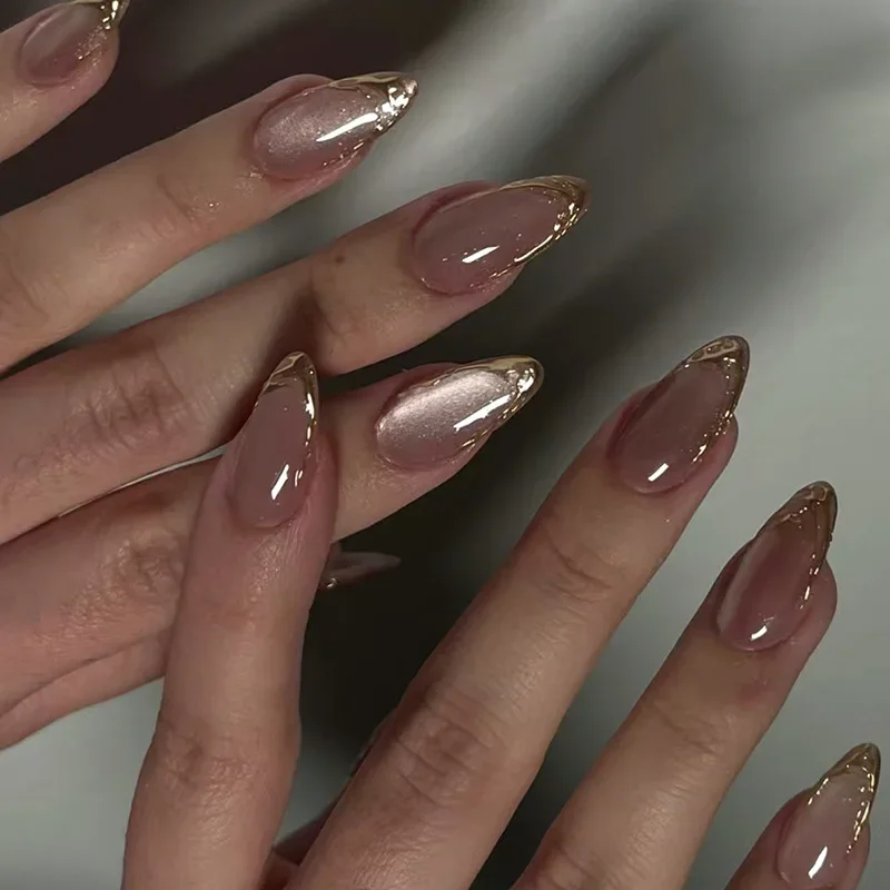 Nail Art Pink Cat Eye - 24Pcs Metallic Cat Eye French Sheer
