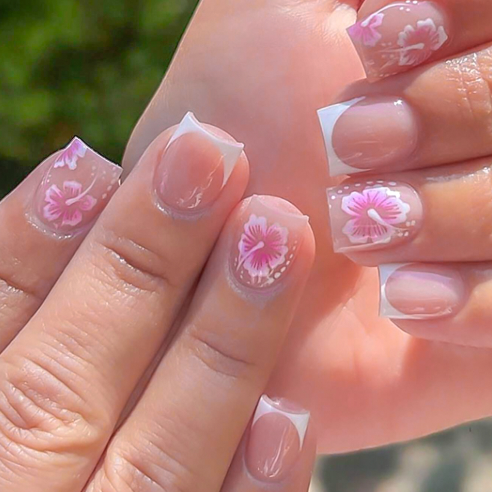Nail Art Flower - 24Pcs French Flower False Nails Pink