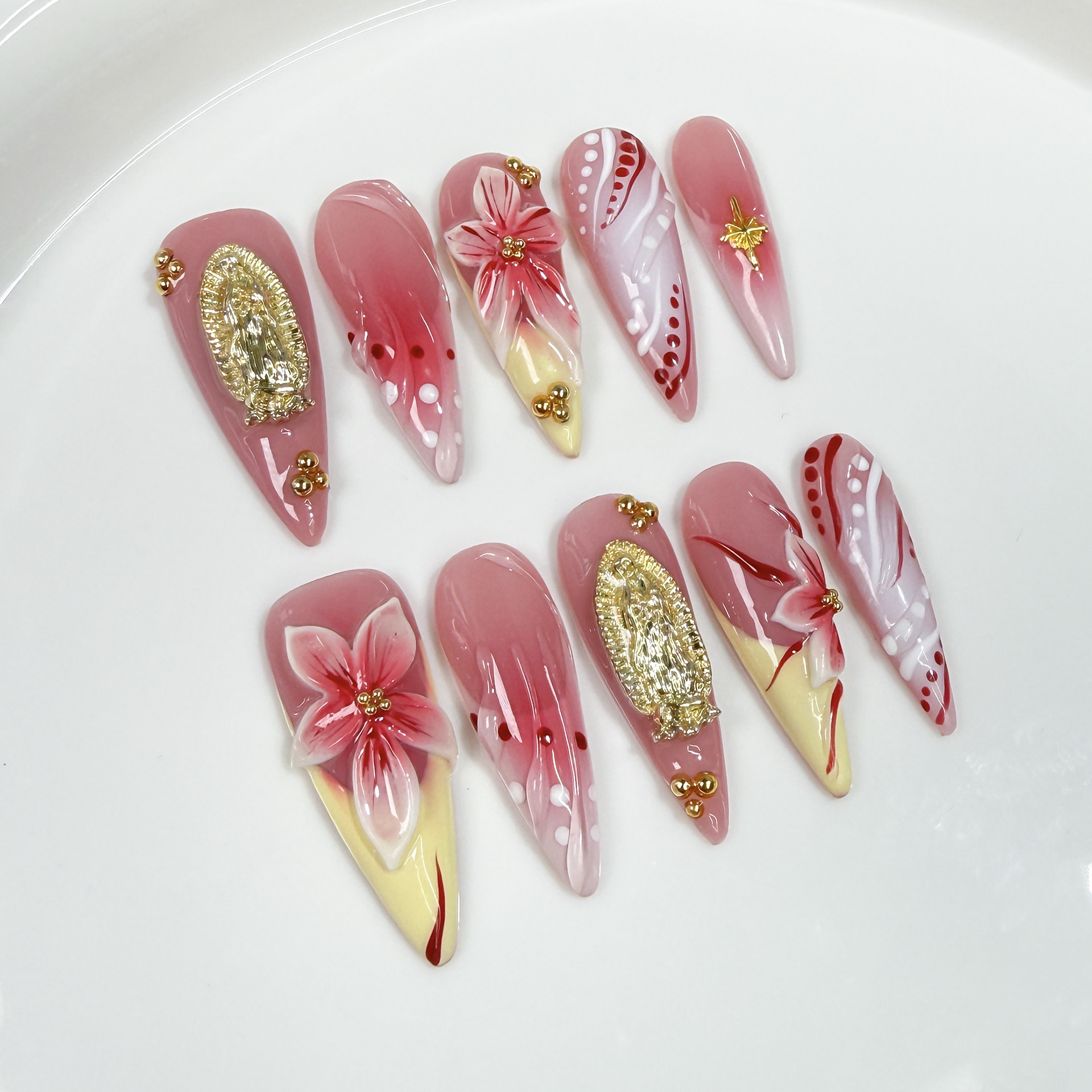 10Pcs/set Long Almond Hand-pai - Nail Art Flower ulasan dan harga
