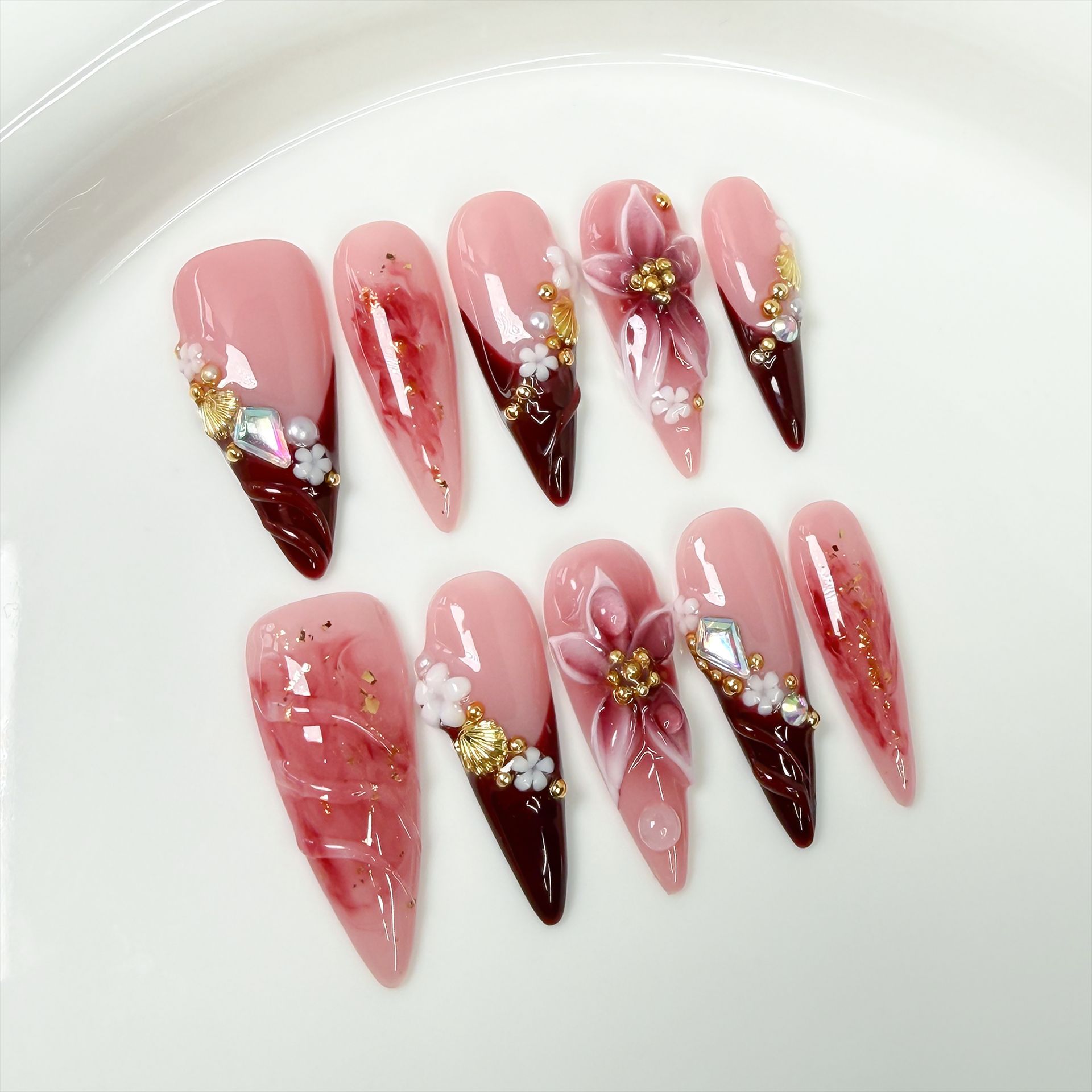 10Pcs Retro Long Stiletto Fake - Nail Art Flower ulasan dan harga