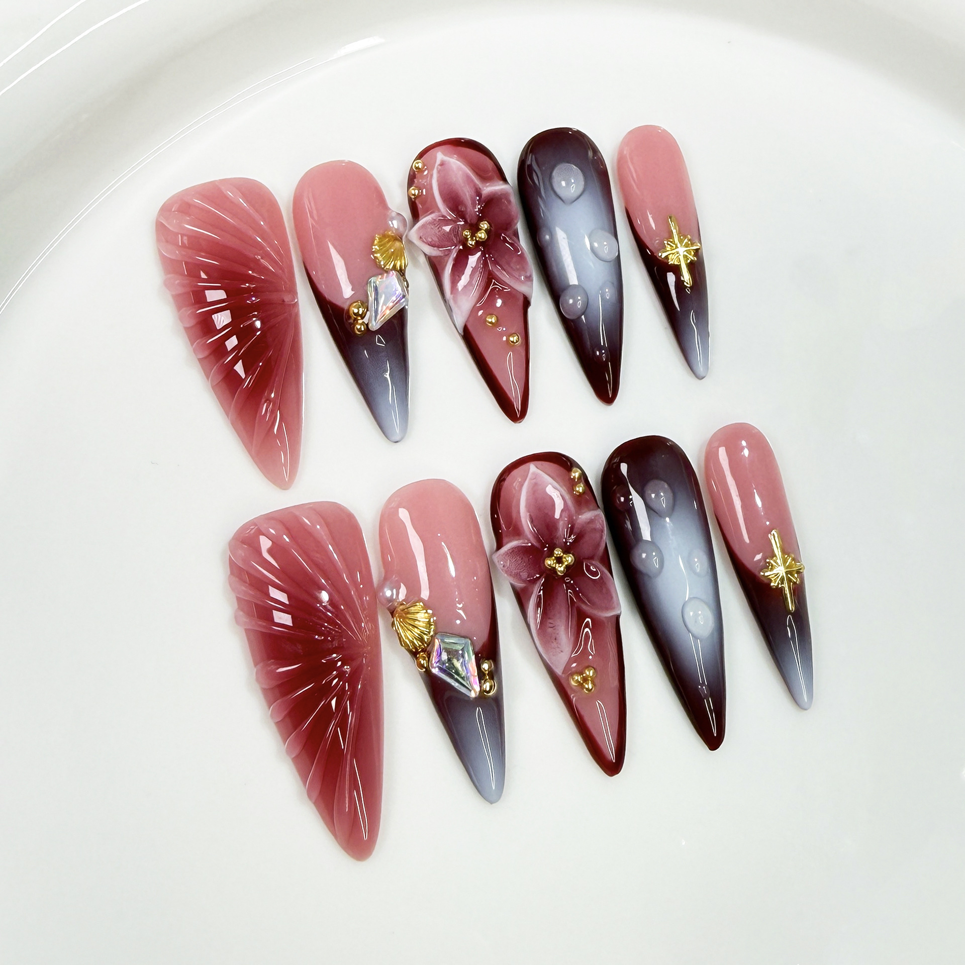 10Pcs Retro Long Stiletto Fake - Nail Art Flower ulasan dan harga