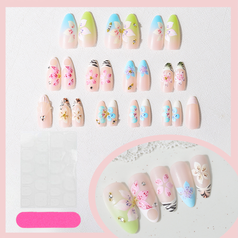 24pcs Almond Press On Nails ti - Nail Art Flower ulasan dan harga