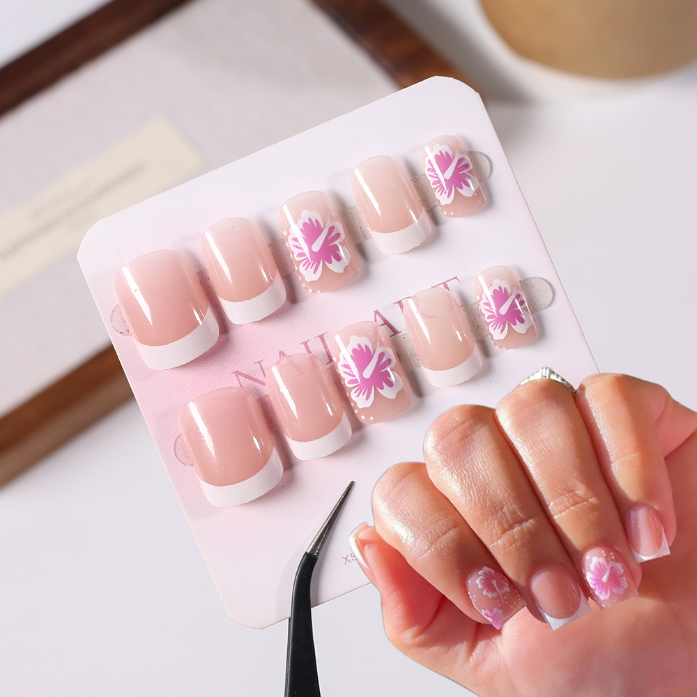 24Pcs French Flower False Nail - Nail Art Flower ulasan dan harga